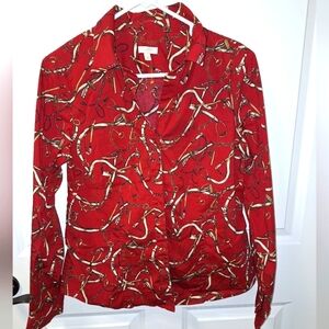 A Talbots long sleeve button-down shirt in a size 10. It features a horse theme